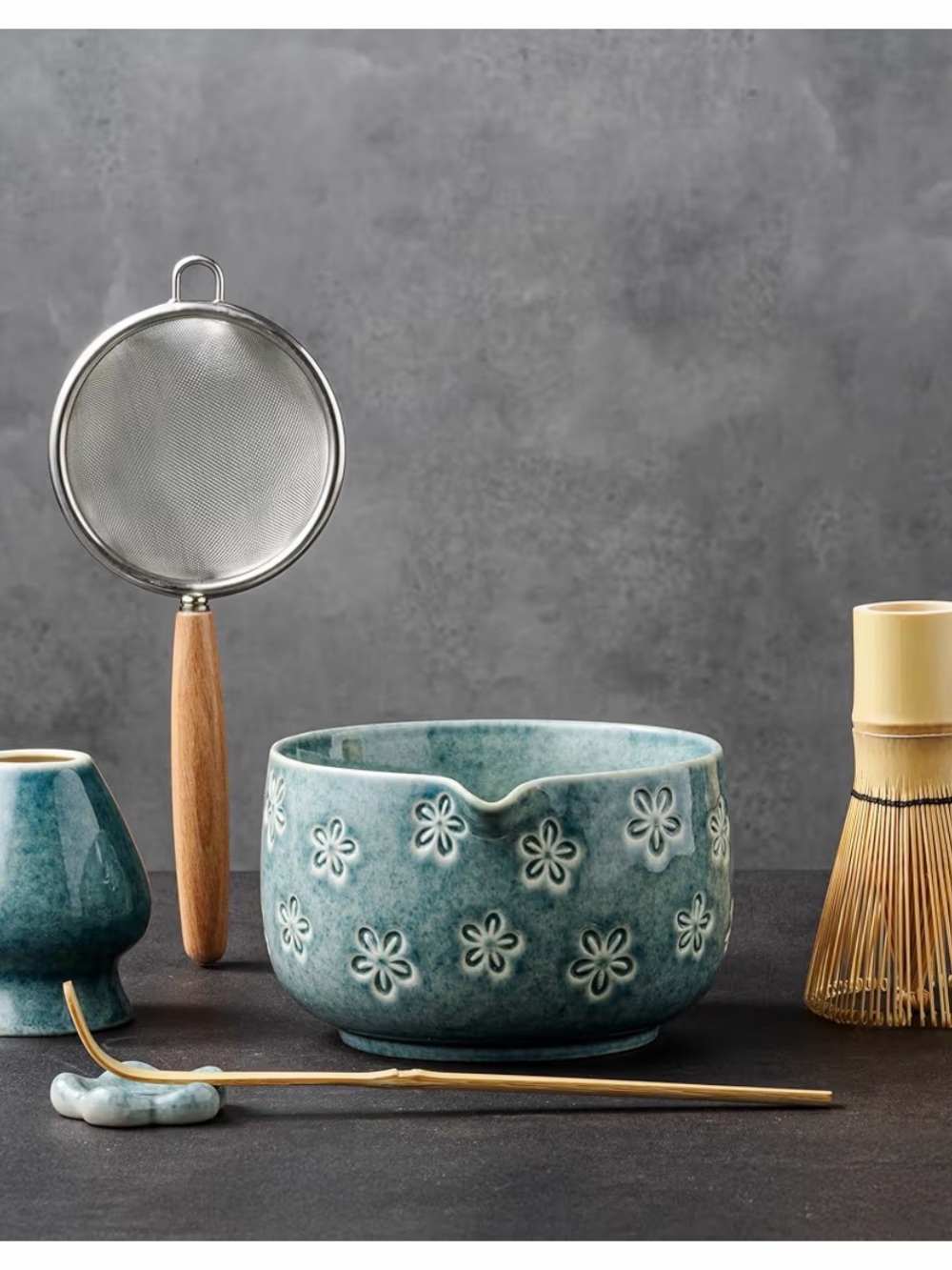Blue Floral Ceramic Matcha Bowl Set NEW